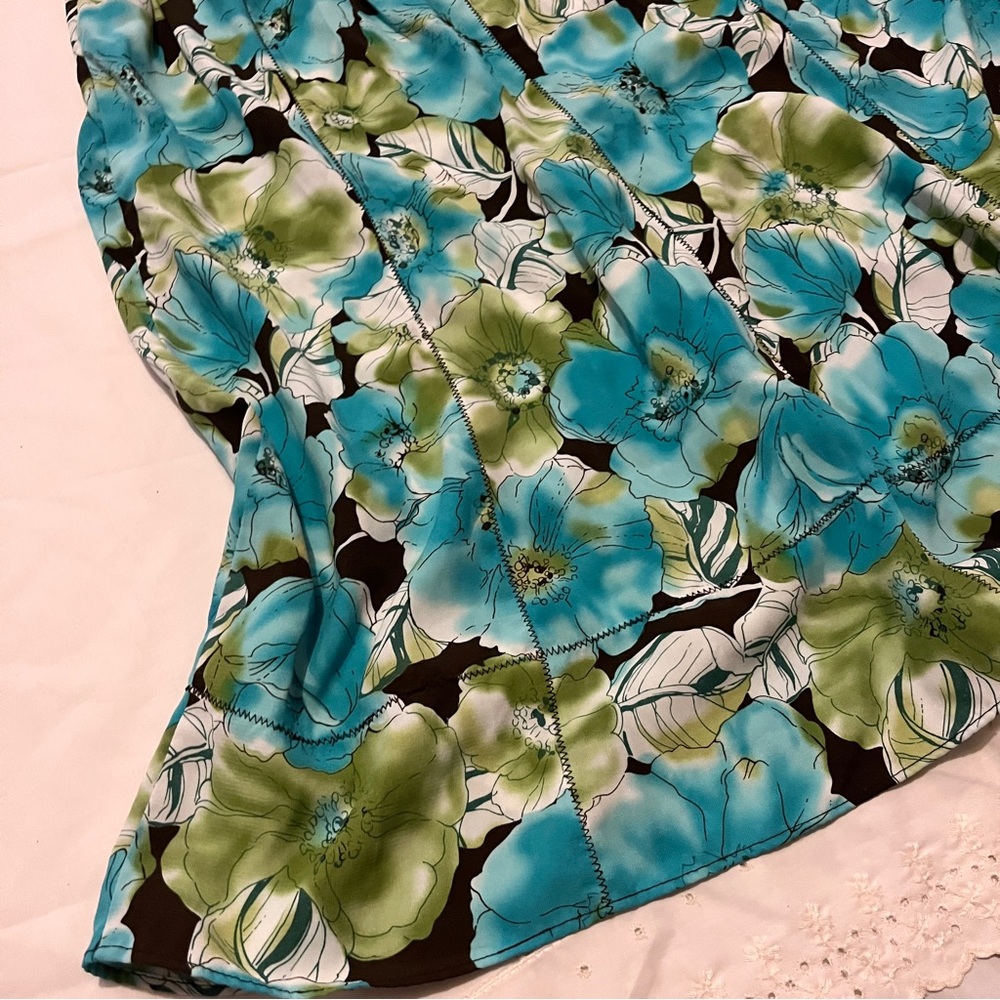 Vintage Blue Green Floral Midi Skirt with Brown Accents - Size 8 - Picture 8 of 9